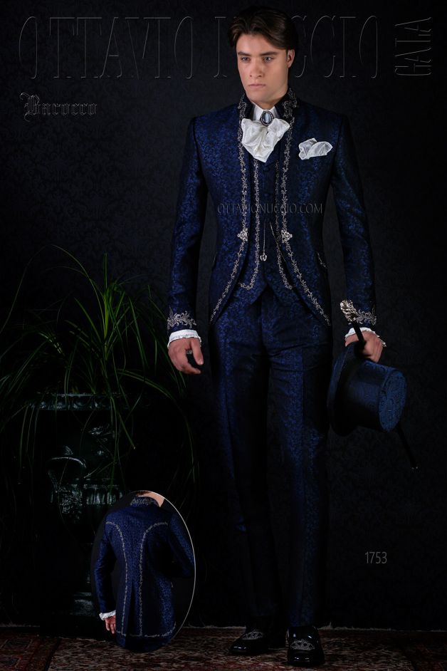 ONGala 1753 - Vestito sposo damascato blu stile barocco da uomo