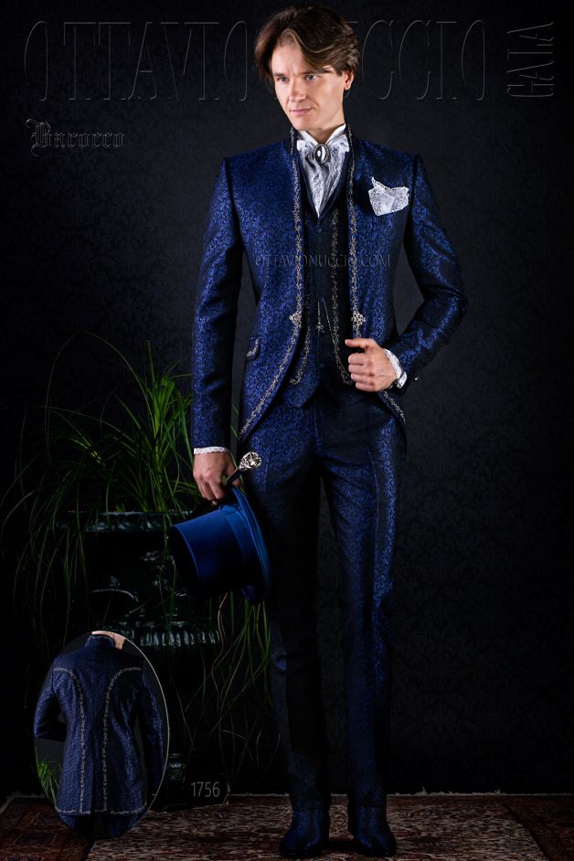 ONGala 1756 - Abito sposo particolare blu damascato tre pezzi
