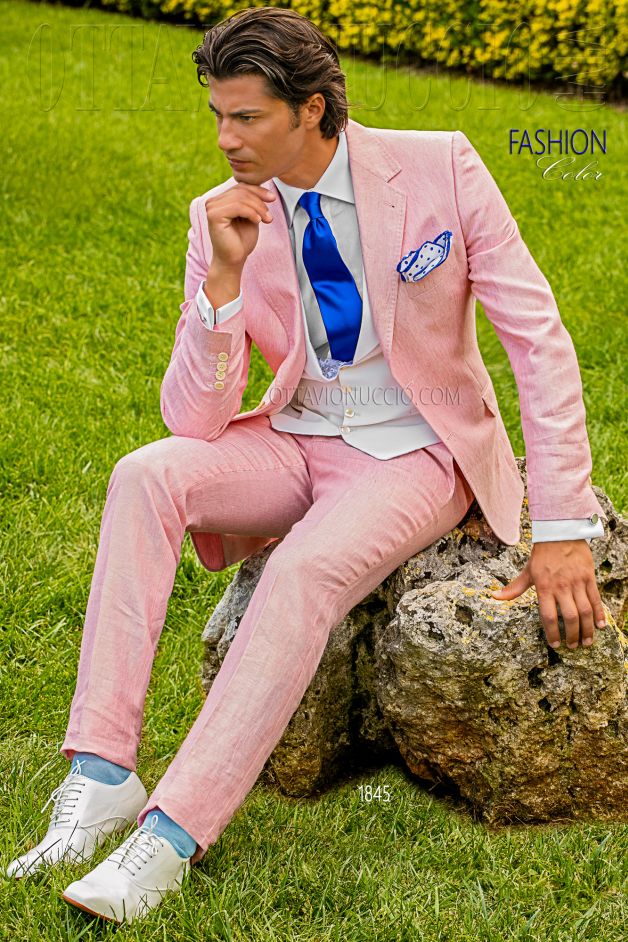 ONGala 1845 - Vestito sposo uomo hipster lino rosa