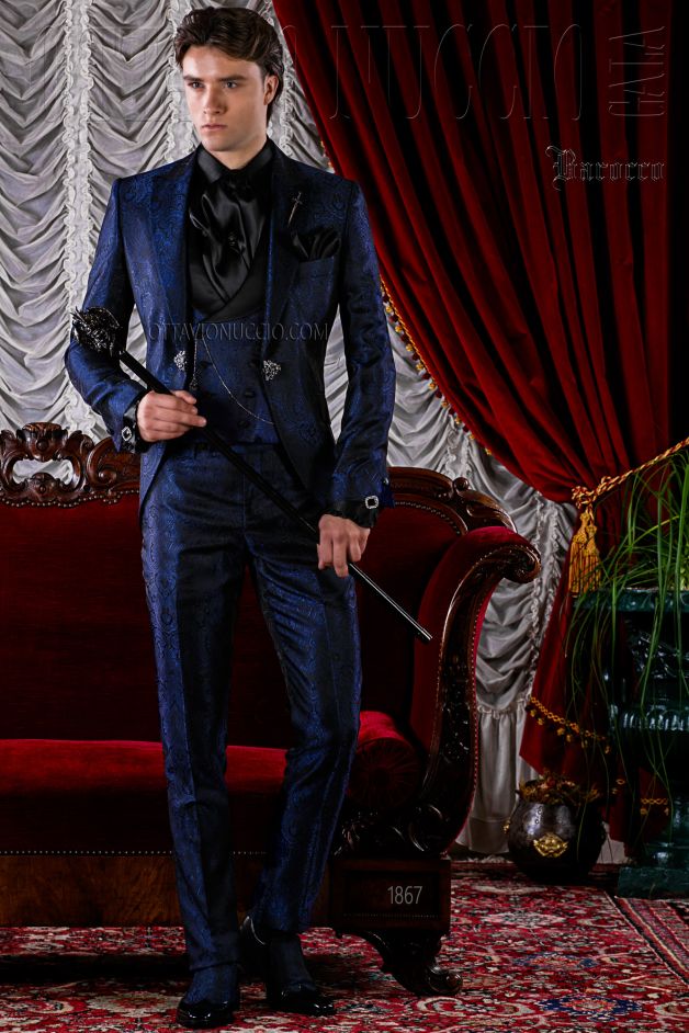 ONGala 1867 - Abito sposo blu barocco gotico | Abito uomo damascato blu
