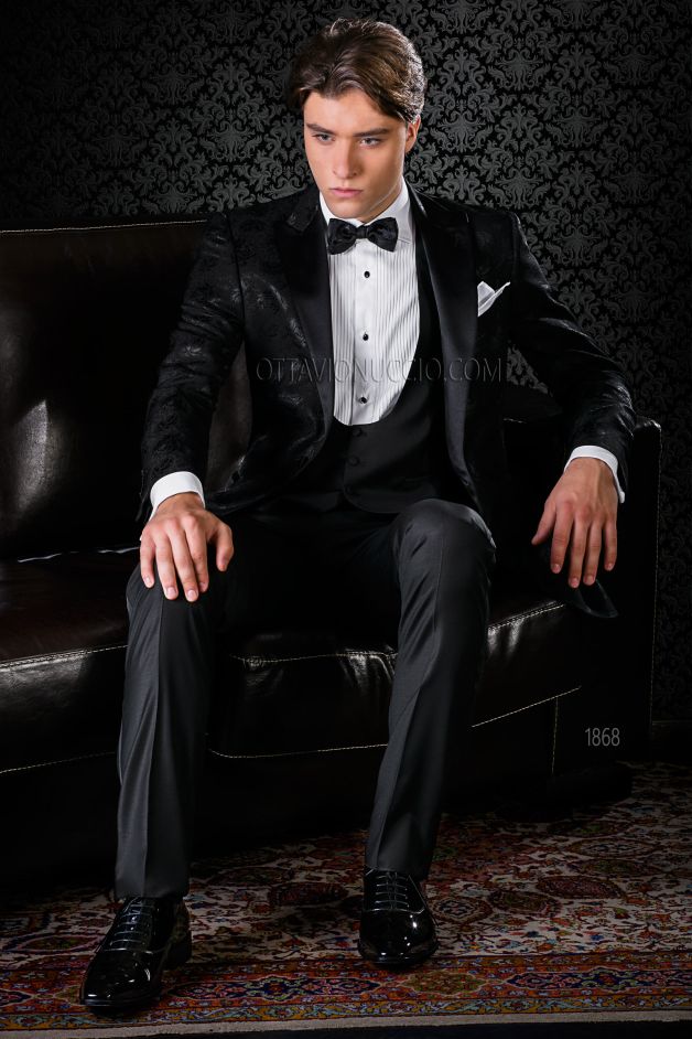 ONGala 1868 - Abito da sposo elegante nero con giacca damascata
