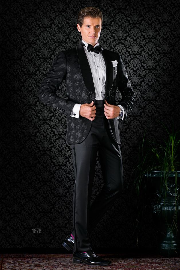 ONGala 1878 - Abito da sposo uomo elegante nero con giacca damascata