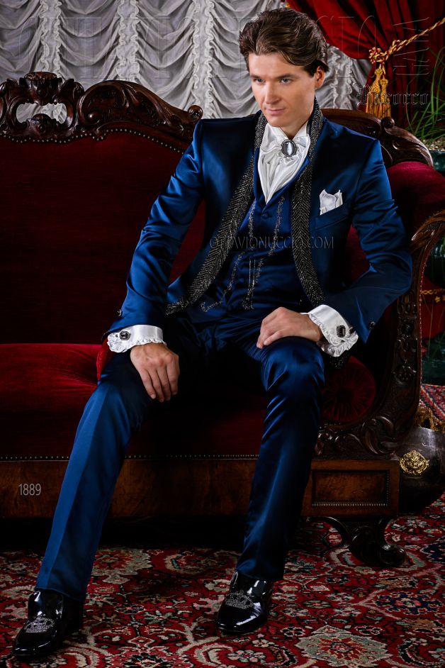 ONGala 1889 - Abito luxury da sposo raso blu con passamanerie di cristallo