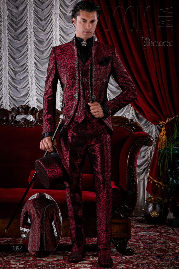 ONGala 1892 - Vestito damascato rosso da sposo stile barocco ricami argento