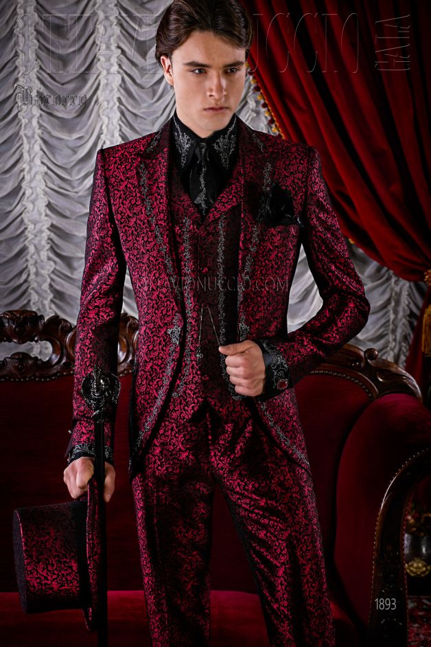 ONGala 1893 - Abito sposo damascato tre pezzi rosso slim fit, stile barocco