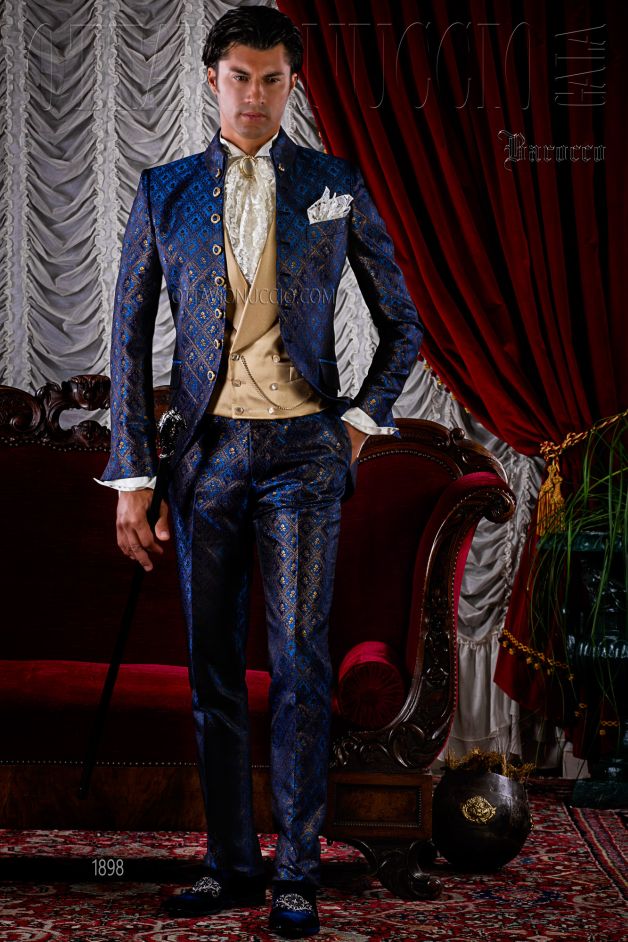 ONGala 1898 - Vestito sposo uomo broccato vintage blu e dorato