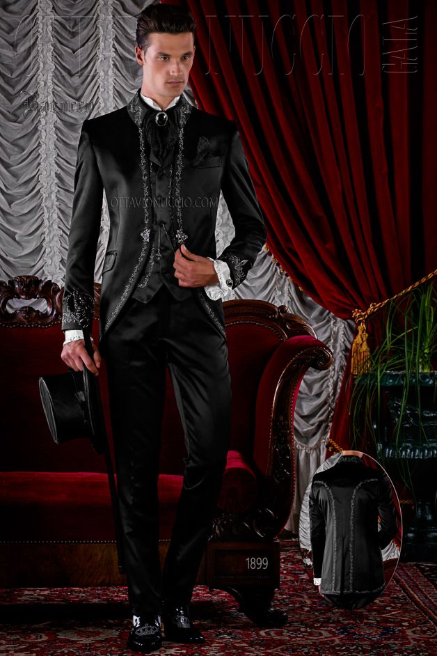 ONGala 1899 - Vestito da sposo nero barocco in raso da cerimonia di lusso