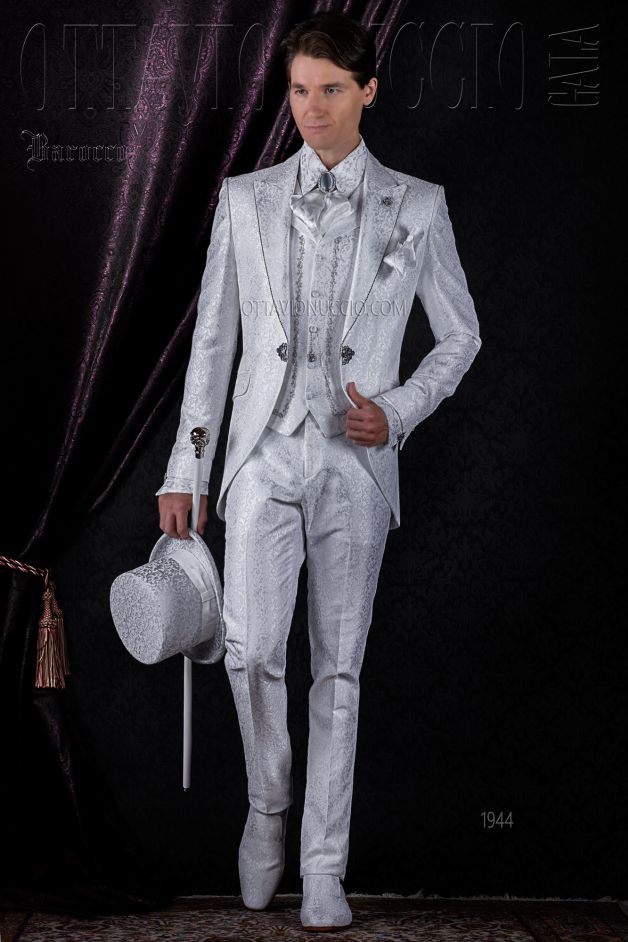 ONGala 1944 - Vestito uomo sposo damascato vintage tre pezzi bianco