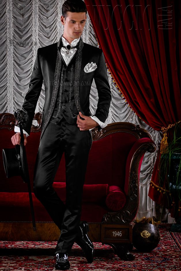 ONGala 1946 - Abito da sposo barocco di lusso in raso nero slim fit