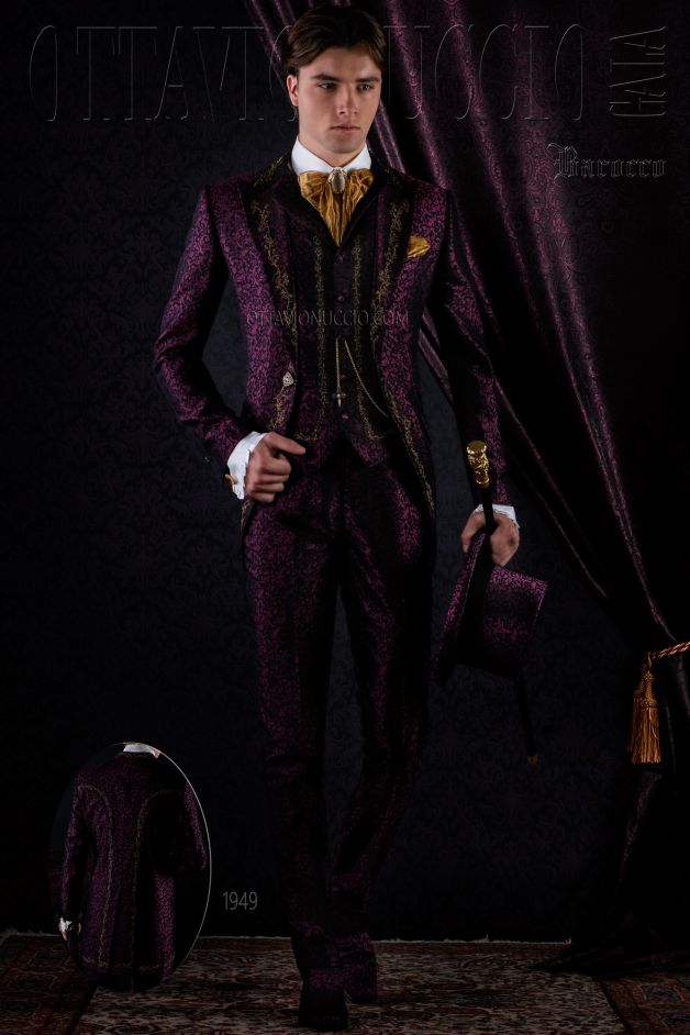 ONGala 1949 - Abito sposo damascato tre pezzi barocco viola ricami oro
