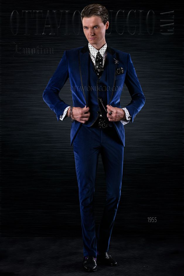 ONGala 1955 - Vestito sposo uomo blu velluto slim fit