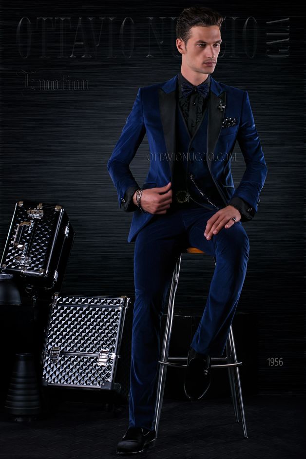 ONGala 1956 - Abito sposo uomo blu velluto slim fit