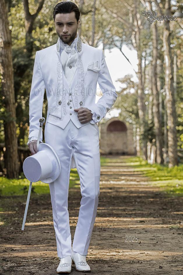 ONGala 2023 - Frak sposo barocco raso bianco con ricamo argento