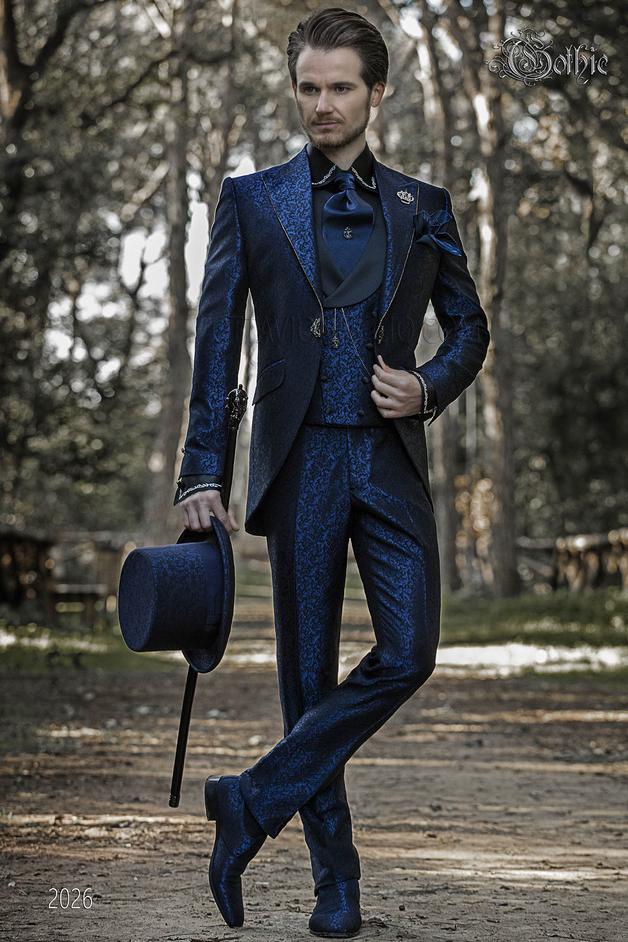 ONGala 2026 - Vestito da sposo damascato blu stile di lusso gotico