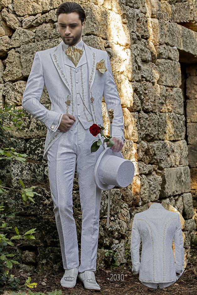 ONGala 2030 - Abito lussuoso sposo damascato bianco ricamato oro