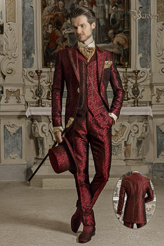 ONGala 2032 - Vestito sposo damascato barocco rosso ricamo oro da sposo
