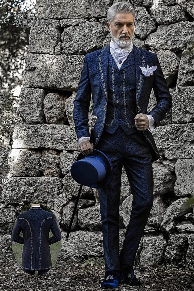 ONGala 2035 - Abito da sposo luxury damascato blu ricamato argento