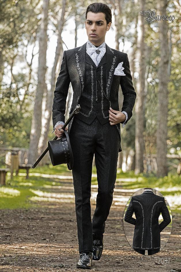 ONGala 2037 - Vestito sposo damascato nero ricamato argento stile gotico