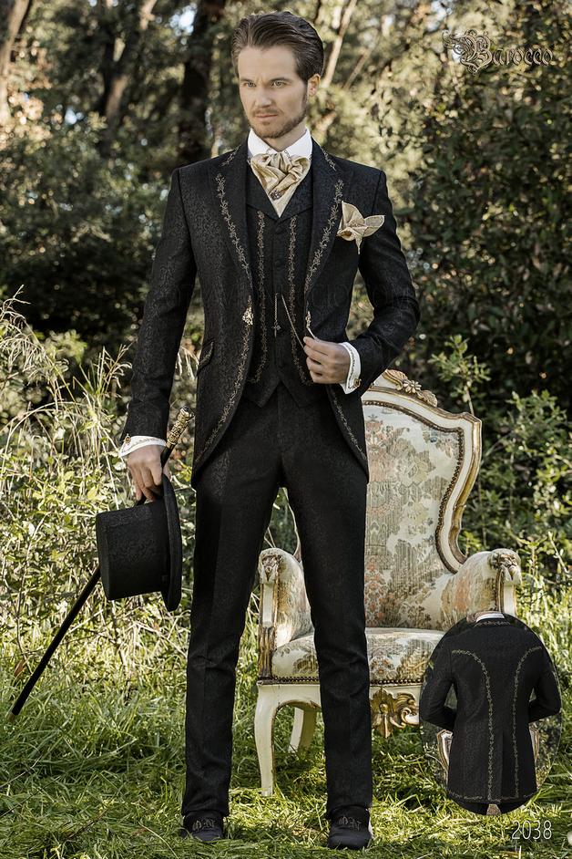 ONGala 2038 - Vestito da sposo damascato nero stile barocco ricamato oro