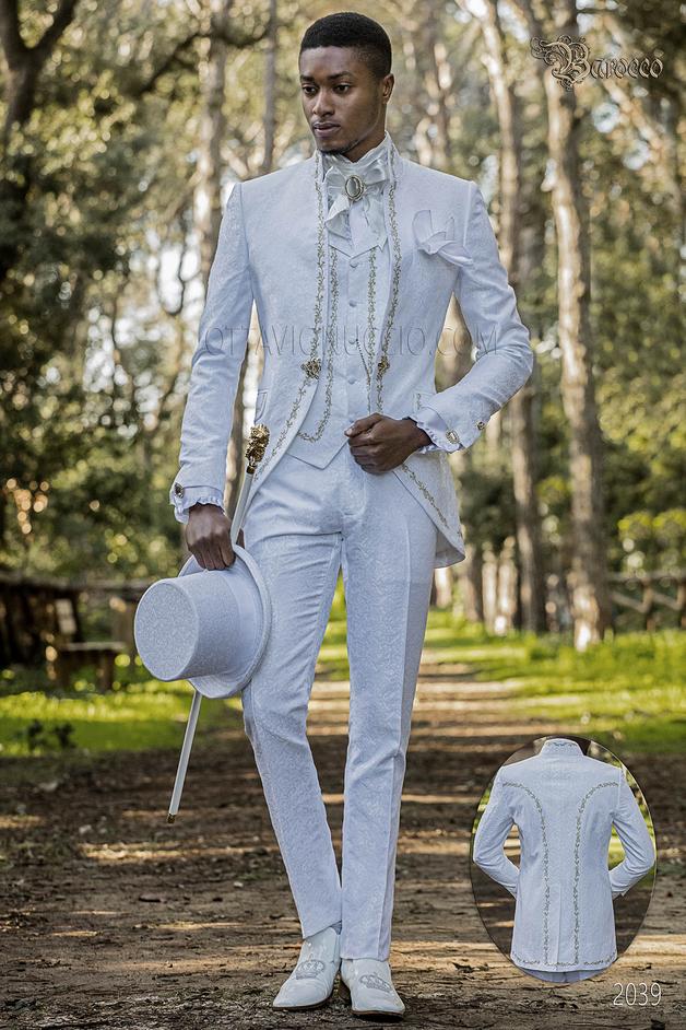 ONGala 2039 - Abito coreano damascato bianco ricamato oro da sposo