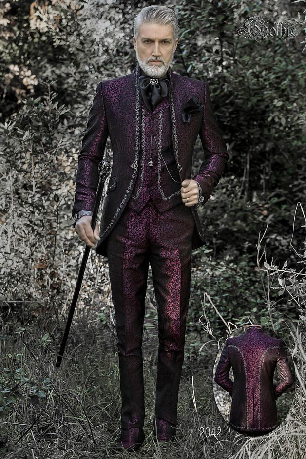 ONGala 2042 - Abito sposo coreano damascato prugna ricamato nero argento