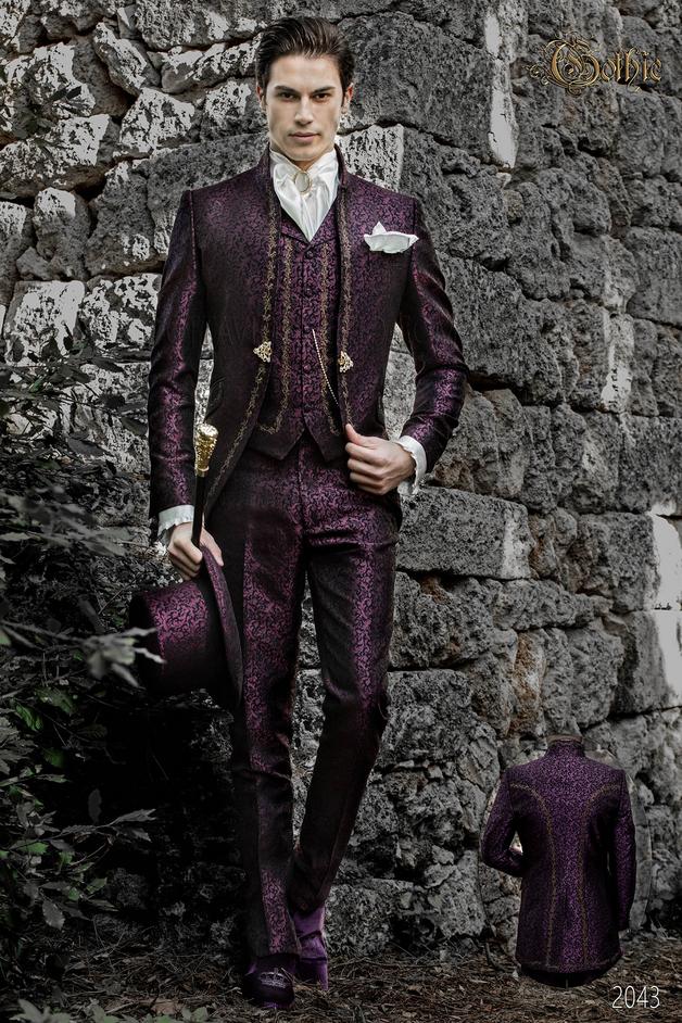 ONGala 2043 - Vestito sposo coreano damascato prugna con alamaro oro