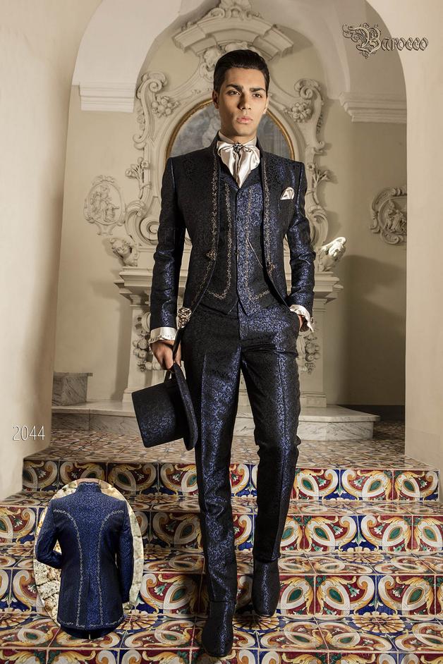 ONGala 2044 - Vestito damascato blu per sposo stile barocco