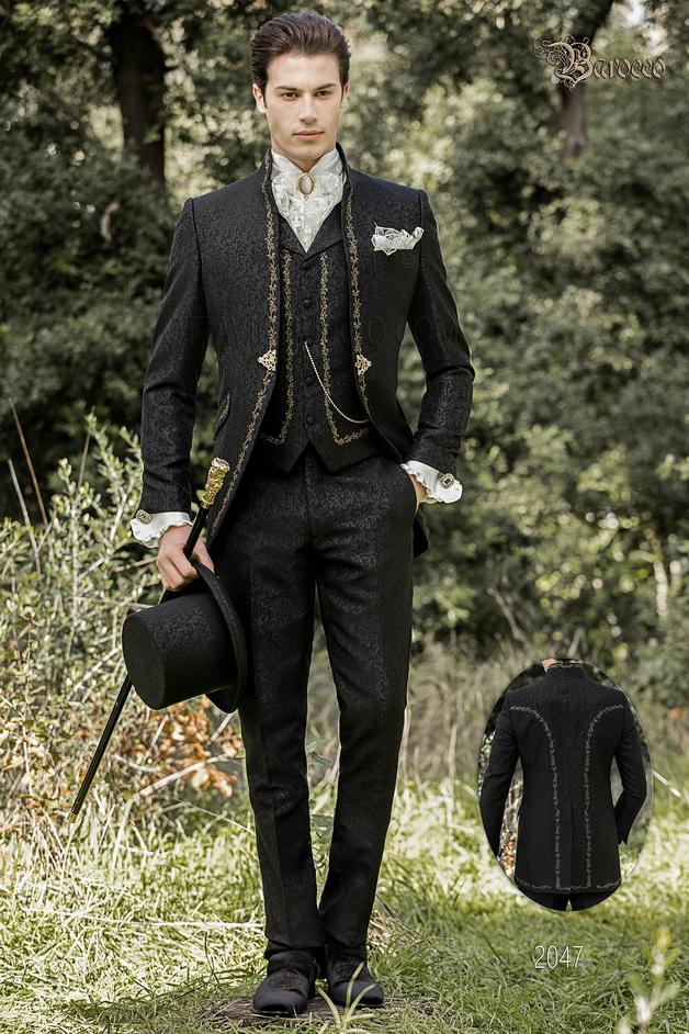 ONGala 2047 - Abito collo coreana stile barocco damascato nero ricamato oro