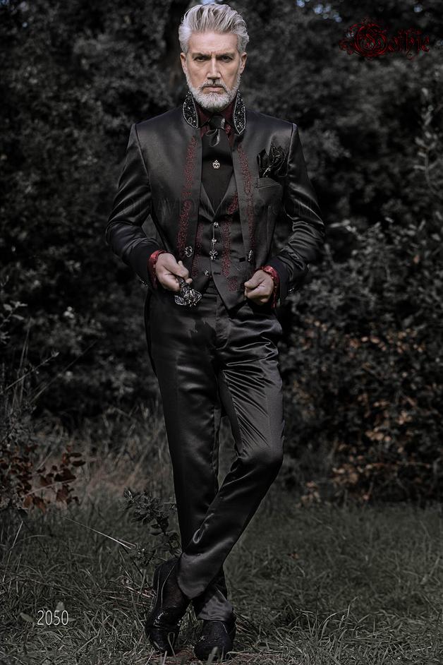 ONGala 2050 - Frak abito sposo raso luxury nero ricamo rosso