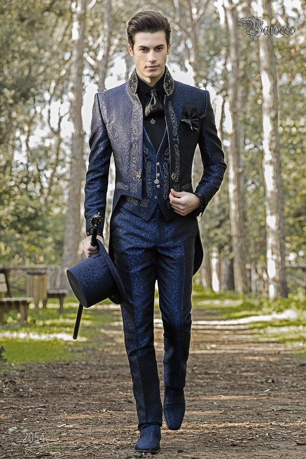 ONGala 2054 - Abito frak collo coreano damascato blu per uomo gotico