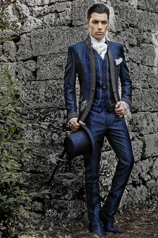ONGala 2056 - Abito uomo collo coreano damascato blu con strass cristallo fumè