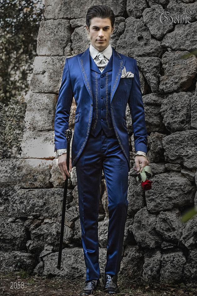 ONGala 2058 - Vestito da sposo luxury in raso blu elettrico con ricamo