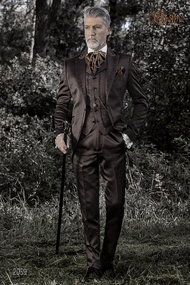 ONGala 2059 - Abito sposo collo coreano prugna damascato ricamato argento