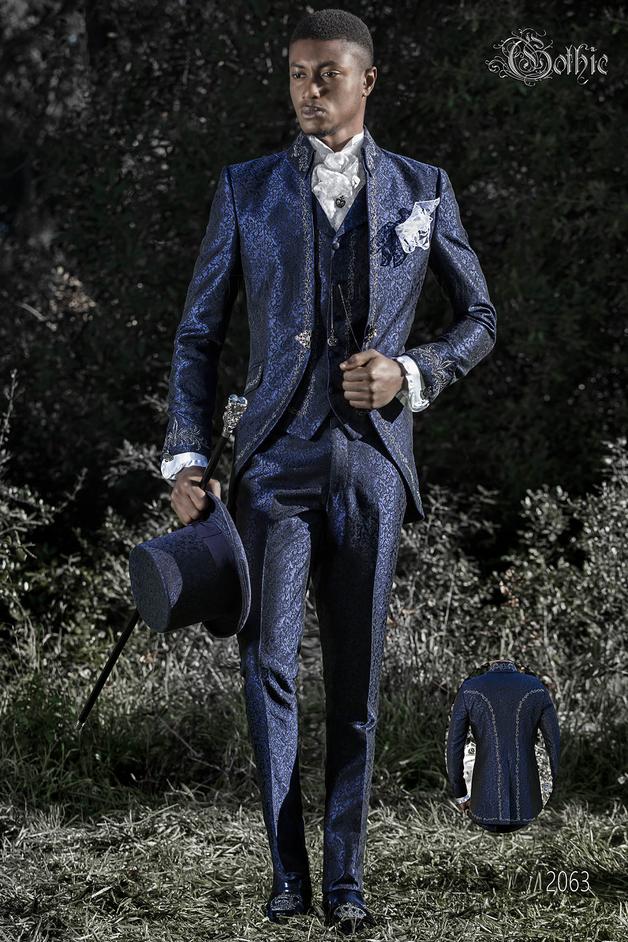 ONGala 2063 - Vestito da sposo stile barocco gotico blu ricamato argento