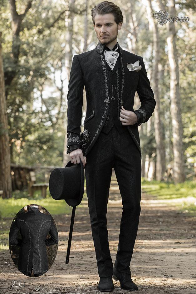 ONGala 2064 - Vestito sposo damascato nero ricamato argento stile barocco