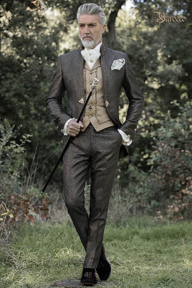 ONGala 2066 - Abito stile barocco broccato grigio oro ricamato oro