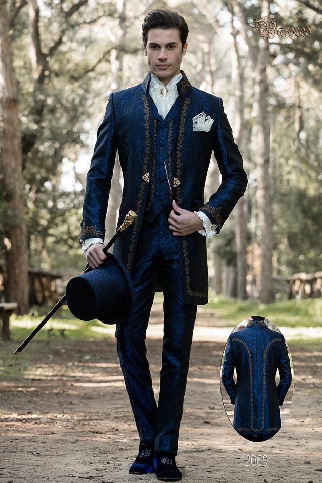 ONGala 2069 - Vestito sposo stile barocco damascato blu con ricami oro
