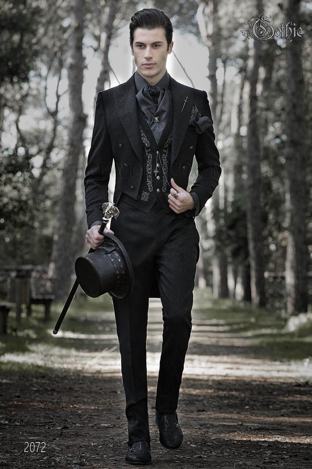 ONGala 2072 - Vestito da sposo Luxury Frak nero damascato