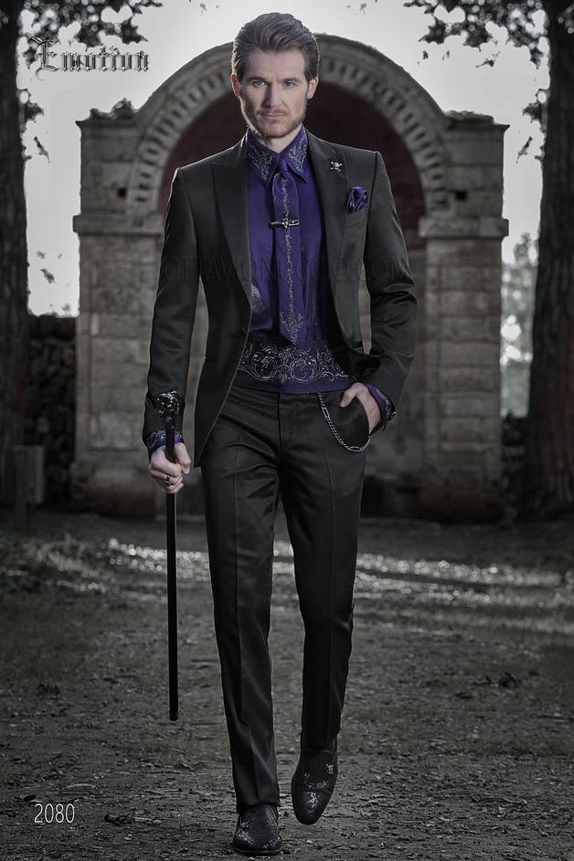 ONGala 2080 - Abito da sposo nero con camicia viola
