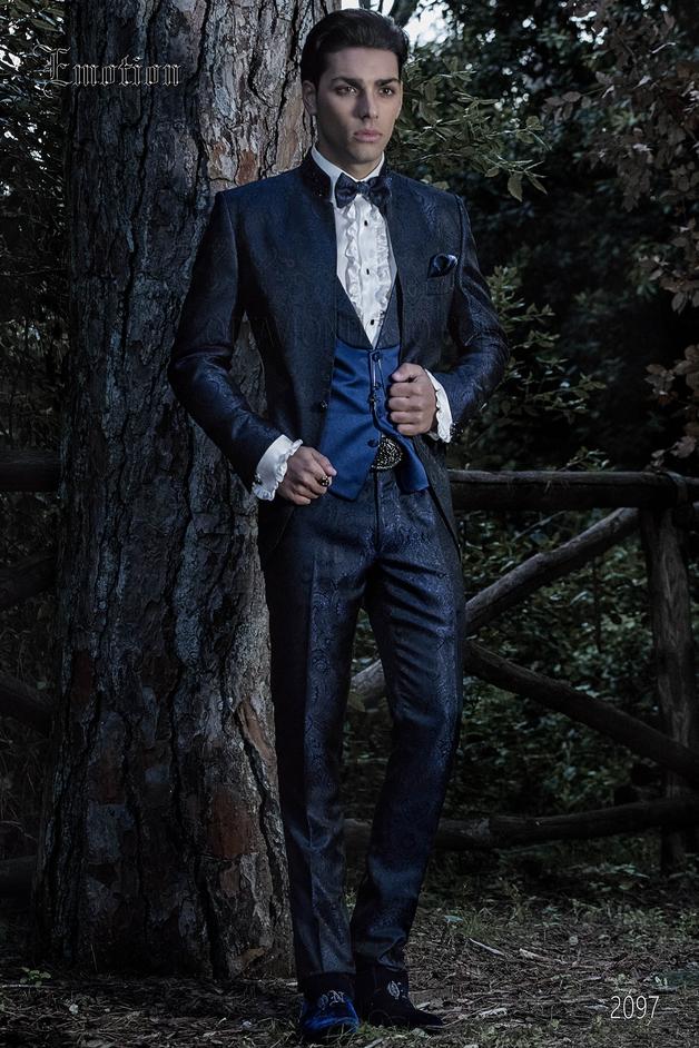 ONGala 2097 - Vestito da sposo coreano damascato blu