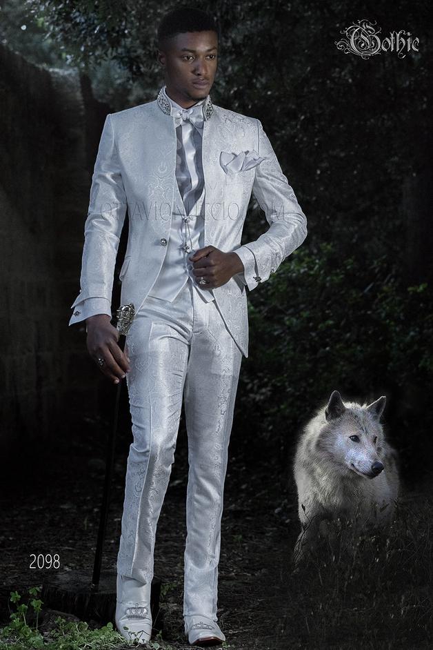ONGala 2098 - Abito da sposo collo coreano bianco damascato