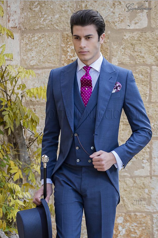 ONGala 2117 - Abito da sposo tight moderno blu tessuto Principe di Galles