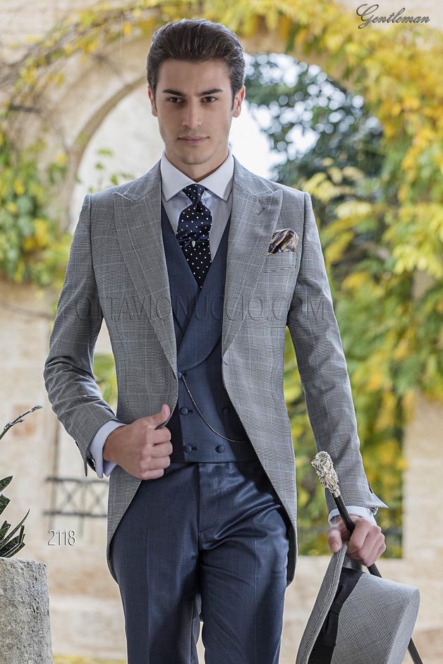 ONGala 2118 - Abito sposo Tight moderno Principe di Galles grigio e pantalone blu