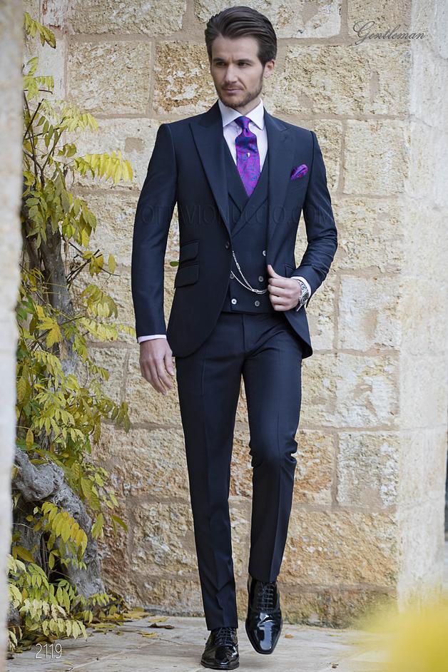 ONGala 2119 - Abito da sposo blu moda uomo, in misto lana mohair