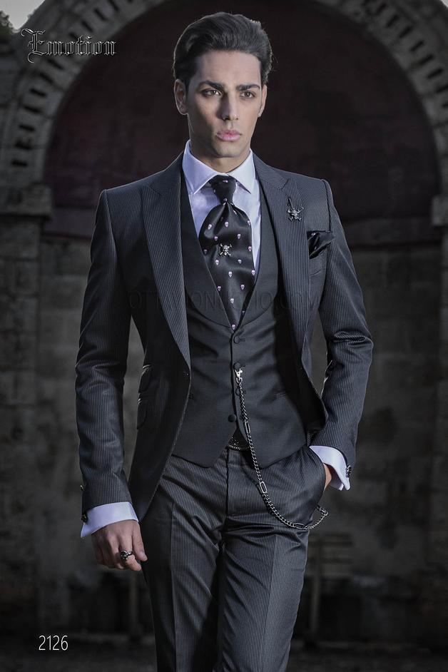 ONGala 2126 - Vestito sposo uomo gessato nero con righino viola
