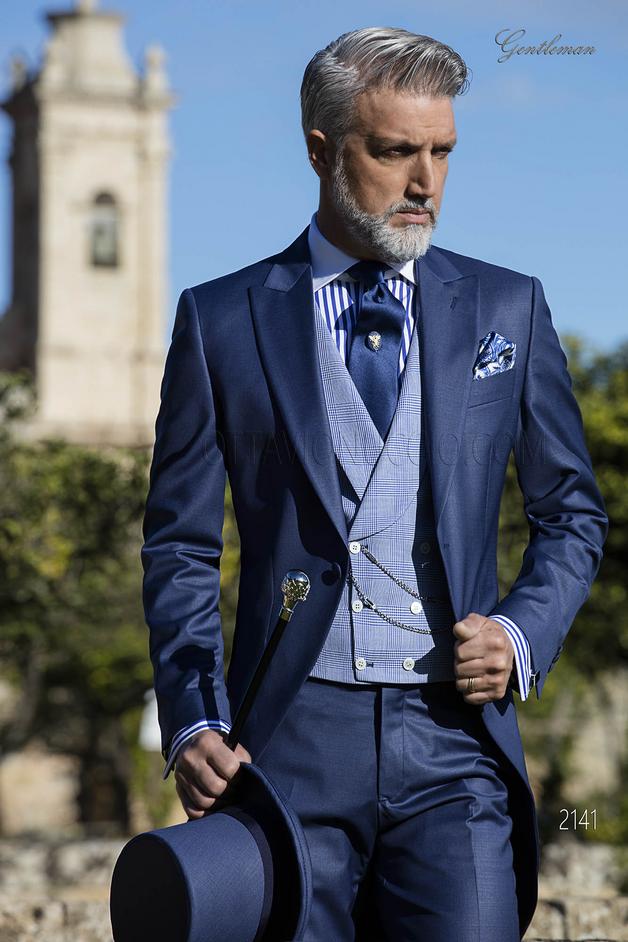 ONGala 2141 - Tight blu moderno da sposo con panciotto principe di galles