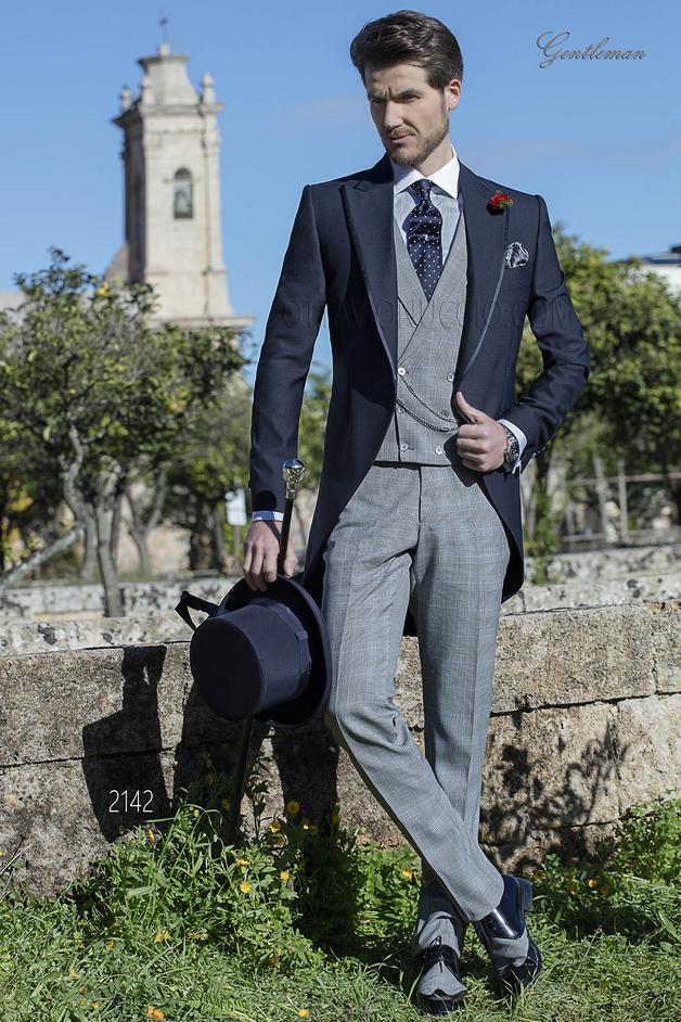 ONGala 2142 - Completo Tight blu con pantalone e gilet principe di galles grigio