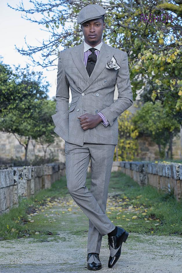 ONGala 2143 - Abito da sposo doppiopetto fashion tessuto principe di galles grigio