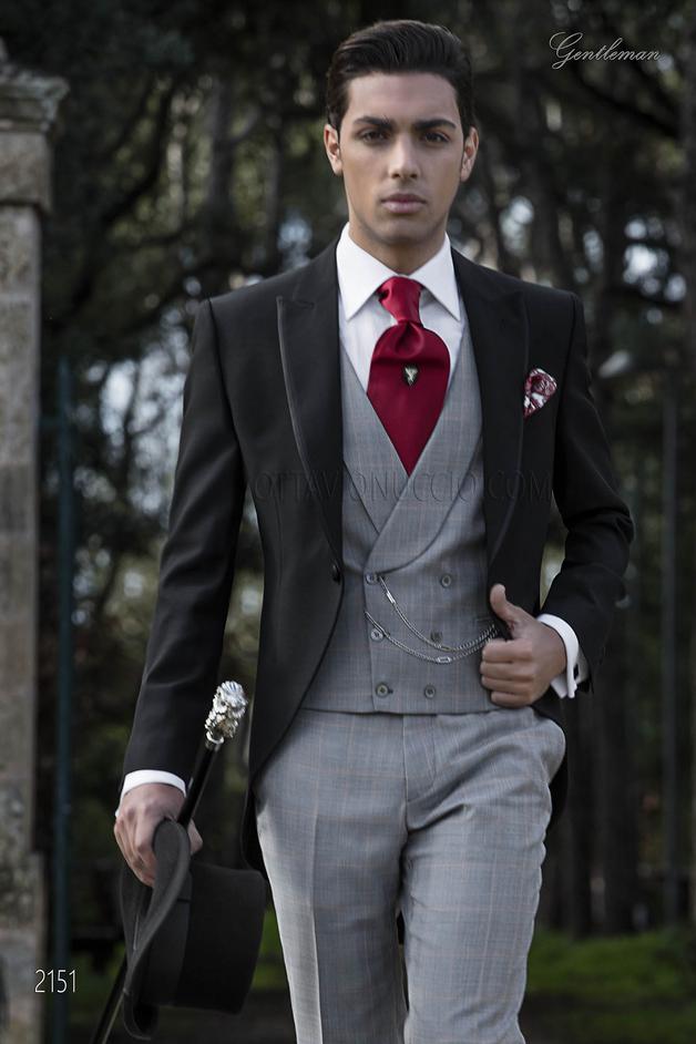 ONGala 2151 - Abito cerimonia uomo, giacca nera e pantalone grigio principe di galles