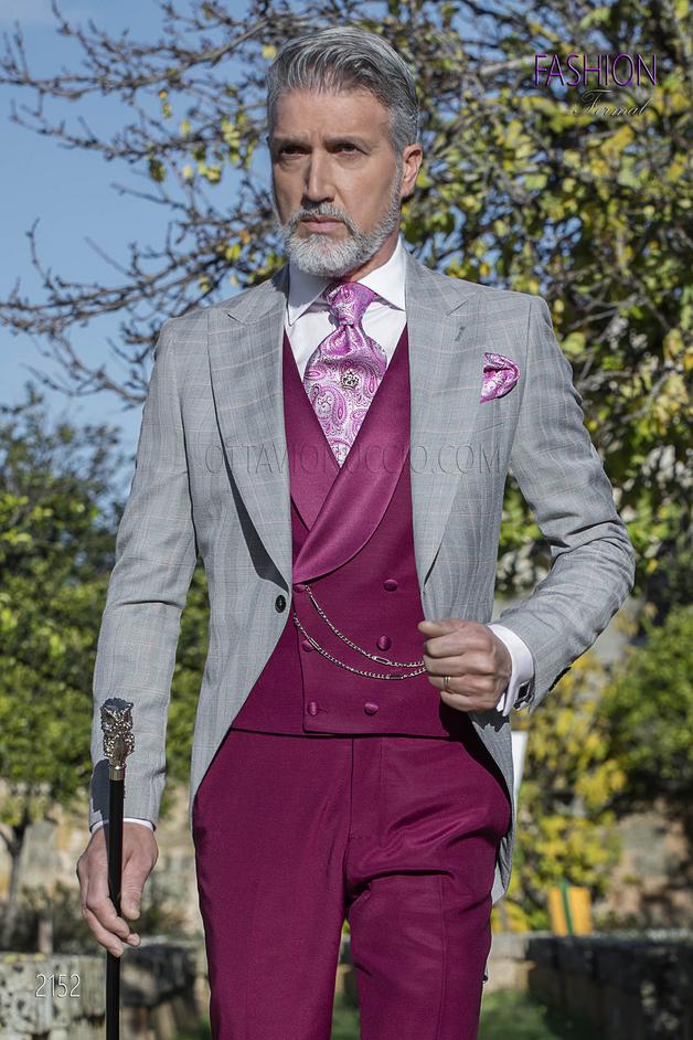 ONGala 2152 - Abito uomo principe di galles da sposo, pantalone e gilet fucsia